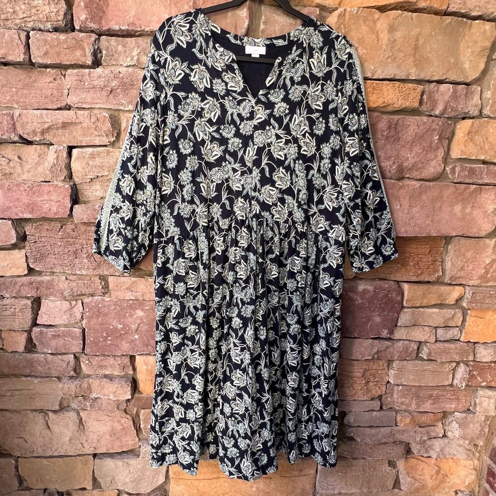 J. Jill XLT Tall Navy Blue White Floral V Neck Oversized Midi 3/4 Sleeve Dress
